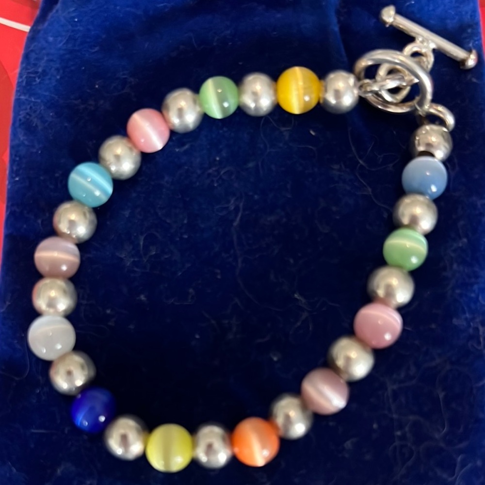 Cat eye sterling Beaded Bracelet with Silver Accents